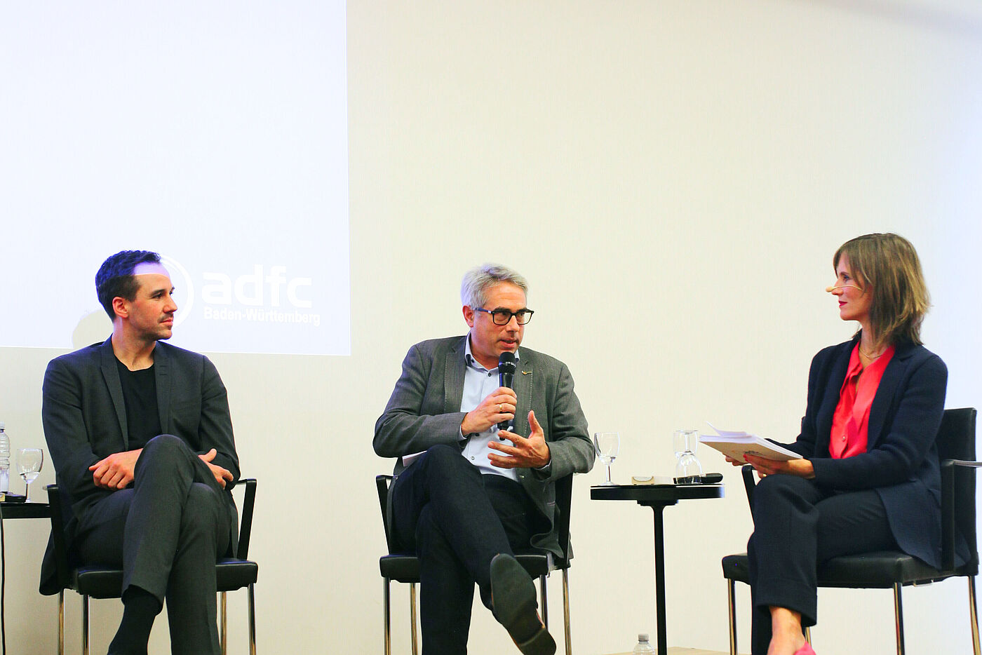 Podiumsdiskussion: Alexander Rosenthal (Zukunft Fahrrad), Matthias Zimmermann (ADFC BW) & Juliane Langer (Moderation)
