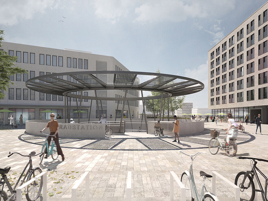 Visualisierung des neuen Fahrradparkhauses am Heidelberger Hauptbahnhof.