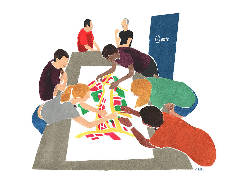 ADFC-Mapathon Illustration einer Gruppe an einem Tisch